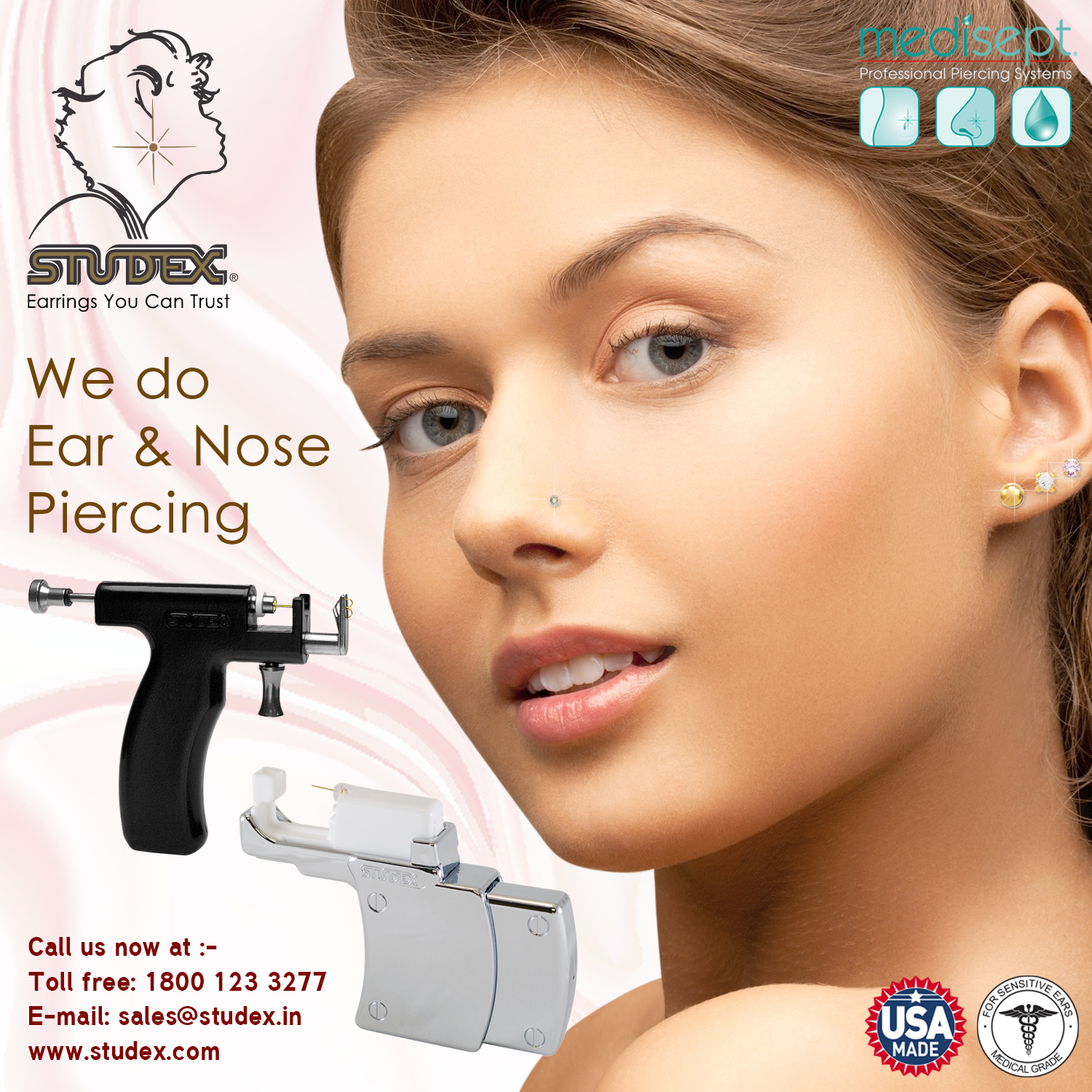 We do professional ear and nose piercing. For more details contact us at sales@studex.in